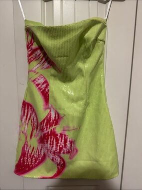 White Fox Boutique Lime Green Sequin Mini Dress with Pink Floral Accent